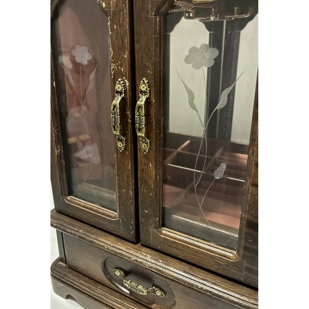 Vintage Jewelry Box Armoire Wood Etched Glass Carousel Mirror Music Box 13x9x5